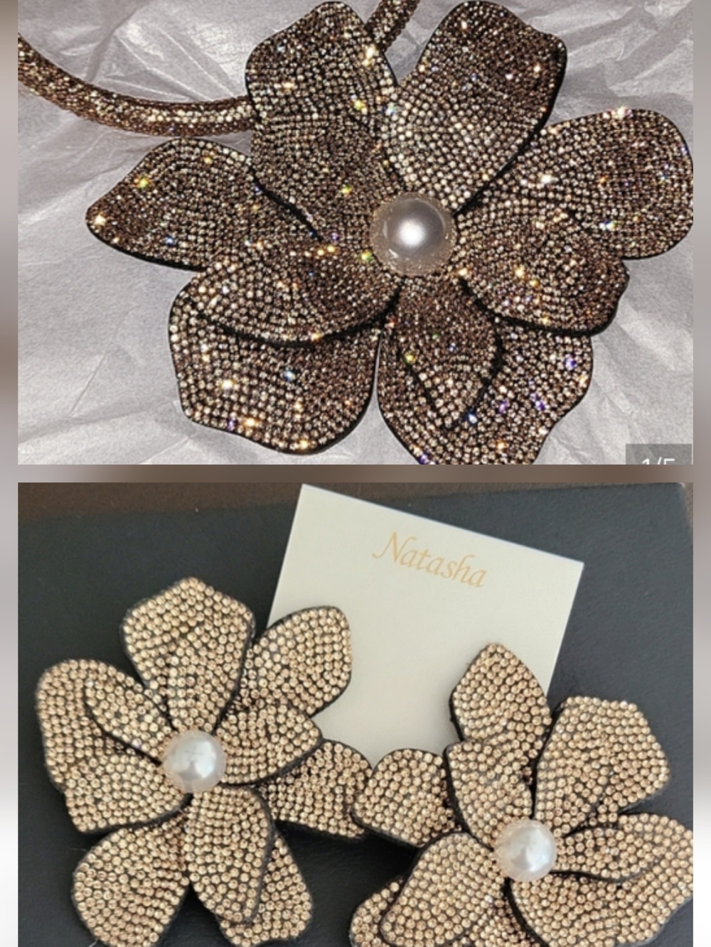 Natasha Couture Rose Gold Crystal Flower with Pearl Earrings And Necklace